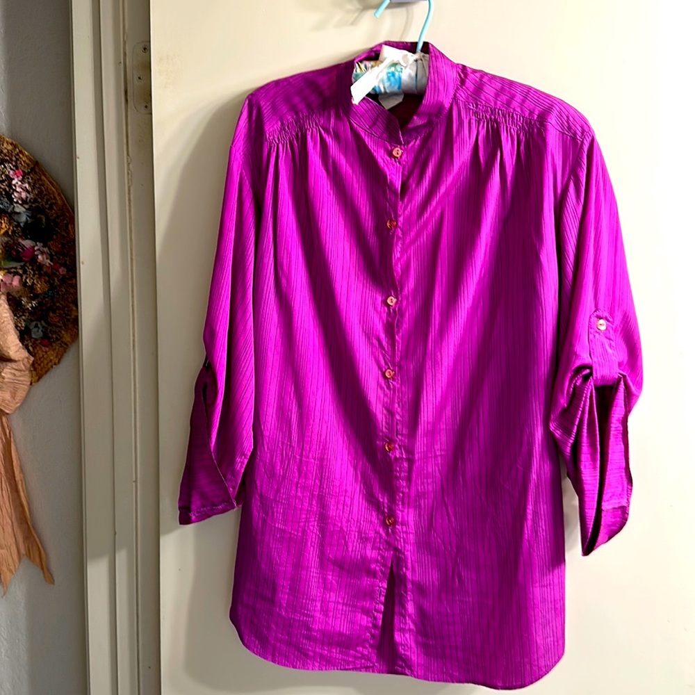 First Glance raspberry shirt top with gathered shoulder accent, fold up sleeves